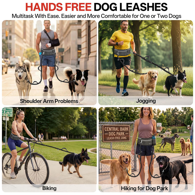 Hands Free Double Dog Leash for Two Dogs,Upgrade 200LB Heavy Duty Retractable with Slim Partitioned Waist Pouch,Adjustable Waist for Medium Large Dog Park Walking Jogging Hiking Biking Training 2 Leashes