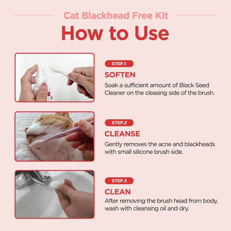JAYU PET Cat Blackhead Free Kit – Black Seed Cleaner & Exfoliating Brush, Cat Chin Acne Treatment, Blackhead Remover, Hypoallergenic Safe Formula, Cat Grooming Kit for Clear & Healthy Skin