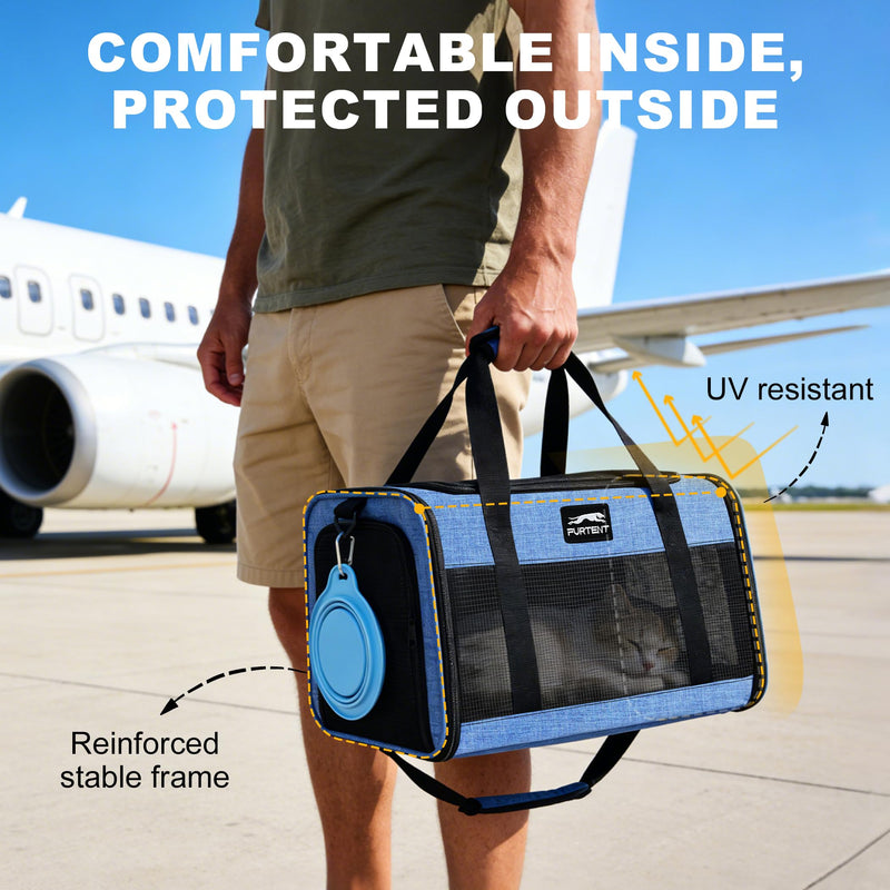 TSA Approved Pet Carrier for Kitten and Puppy, Cat Carrier Soft Fits Pets up to 13 lbs, Dogs Travel Bag with Bowl Foldable, Ideal for Travel, Car Rides, and Vet Visits (Blue, Cat Bowl Set) Blue - PawsPlanet Australia