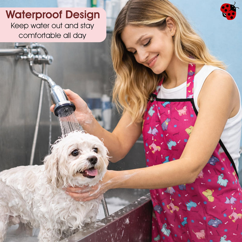 Ladybird Line 609 Pink Dog Waterproof Grooming Apron, Hair Bleach Resistant, Adjustable Neck Band, Breathable Mesh Lining - PawsPlanet Australia