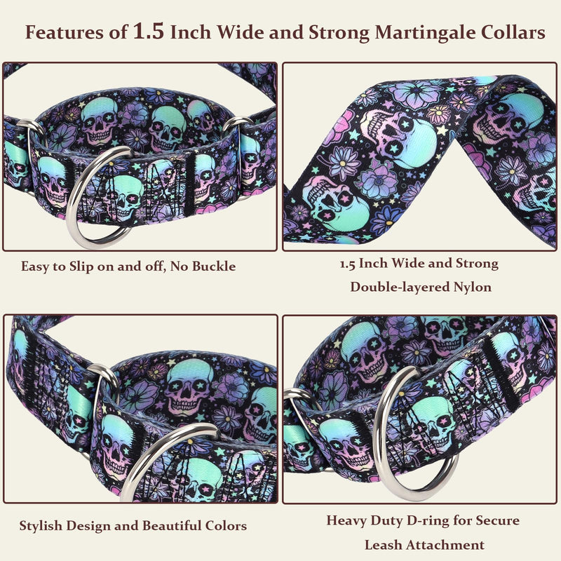 Martingale Dog Collar 1.5 Inch Wide - Heavy Duty Skull Design for Large Dogs, Adjustable Training Collar for Walking, Hunting, and Outdoor Activities - Perfect for Boys and Girls (M) 11 M Neck 15-20" - PawsPlanet Australia