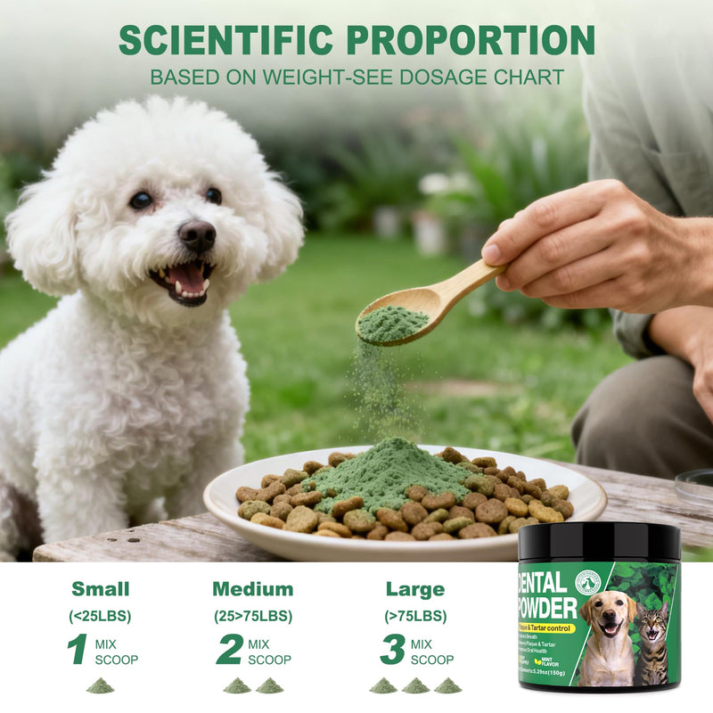 Dog Dental Powder for Teeth Cleaning - Fresh Mint Breath Freshener & Teeth Cleaner - Plaque & Tartar Remover Food Topper - No Brushing Oral Care Support for Bad Breath Control (150g)