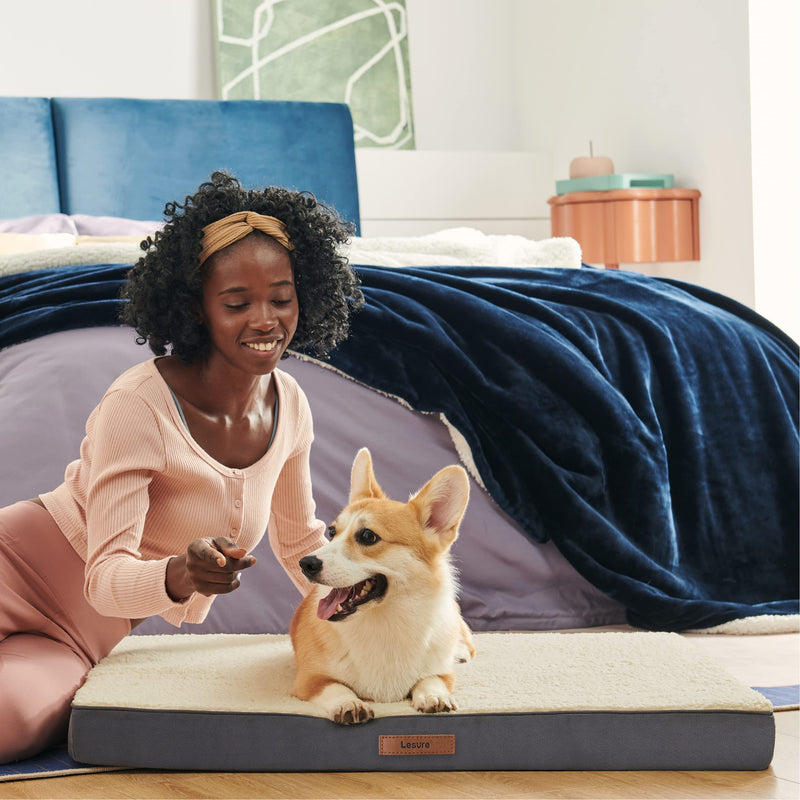 LE SURE Washable Dog Bed Cover Replacement - Large Size Plush Fleece Cover for Orthopedic Egg Crate Foam Pet Mat 36x27x3 Inches, Grey L Grey-Sherpa - PawsPlanet Australia