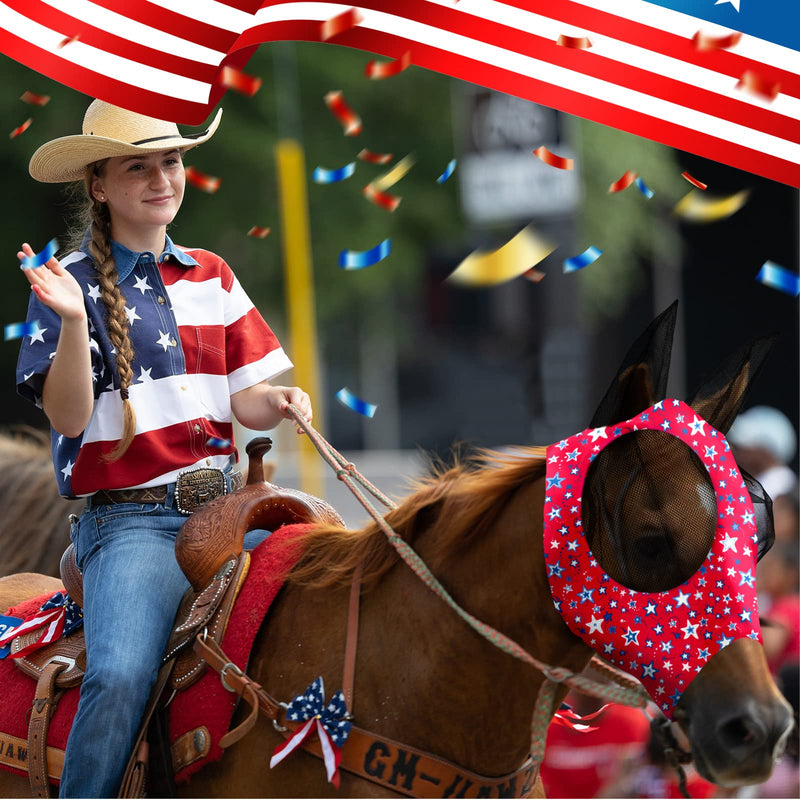 Chunful 6 Pcs 4th of July Horse Fly Masks with Ears 250th Anniversary Fly Masks Comfort Stretchy UV Protection American Flag Stars Breathable Mesh for Memorial Day Horse Supplies(Large) Large