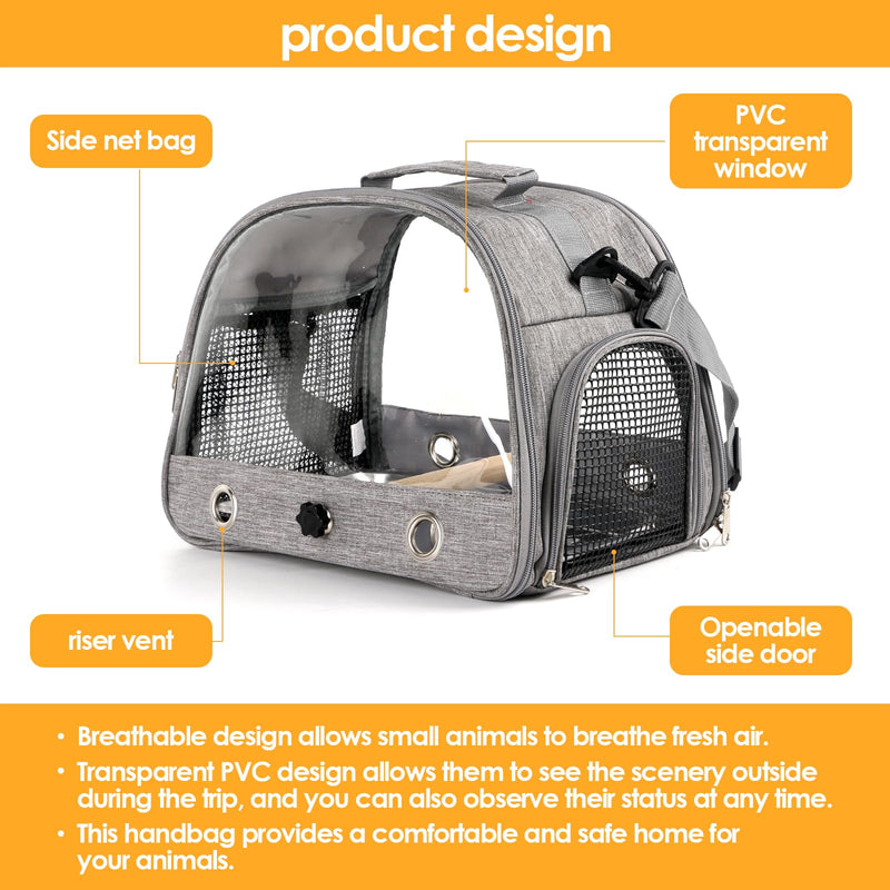 Bird Travel Carrier with Perch Parakeet Backpack Carriers with Stainless Steel Plate Portable Pet Carrier Bag for Bird Cage Accessories Transparent Travel Carrier Cage for Budgie Conure Cockatiel Grey - PawsPlanet Australia