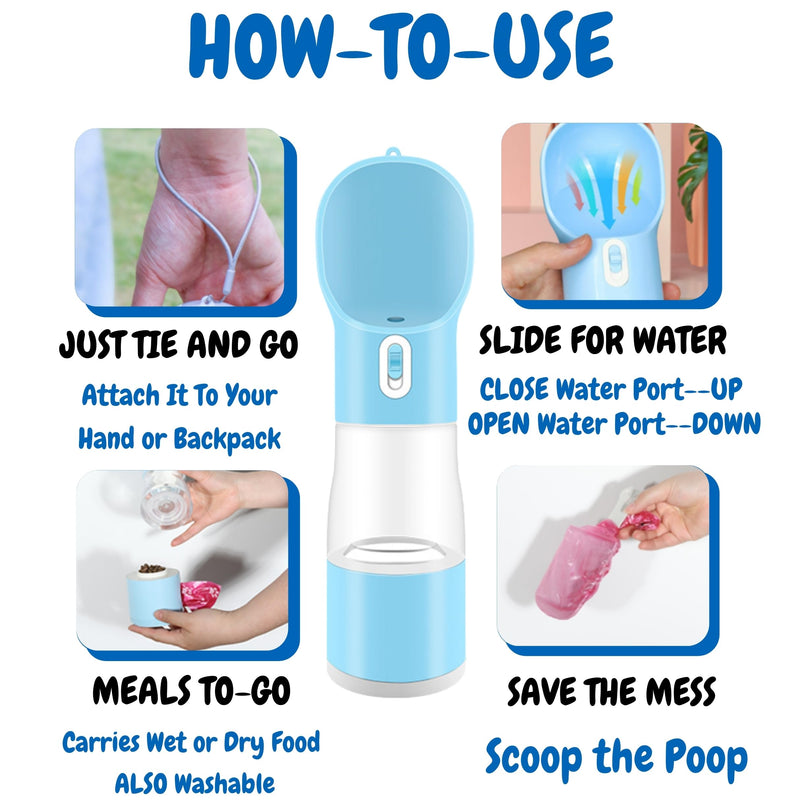 All-in-One Portable Dog Water Bottle, Food Dispenser, Poop Bag Dispenser, Dry/Wet Food Container 7 oz., Travel Water Bottle 9oz., 2 Poop Bags Included, Food Grade Plastic, Leak Proof-Blue Color - PawsPlanet Australia