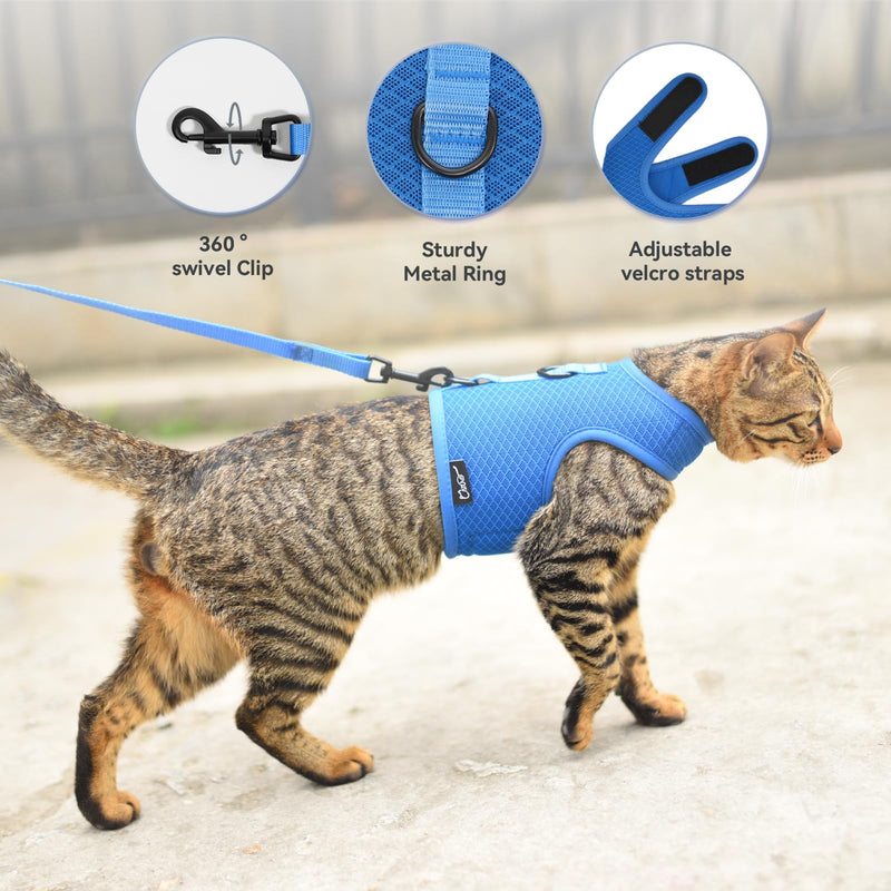 Cat Harness and Leash for Walking Escape Proof Breathable Mesh Fabric, Solid Blue, Medium, Adjustable Cat Walking Jackets, Padded Stylish Cat Vest M 5.5-9LBS Solid Blue Mesh - PawsPlanet Australia