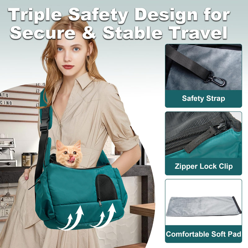 Cat Sling, Hands-Free Cat Carrier Pouch up to 7 lb, Cat Sling with Safety Strap and Pockets, Ideal for Travel and Daily Use, Peacock Blue - PawsPlanet Australia