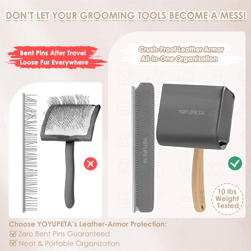 Large Dog Slicker Brush & Comb Set with Leather Sleeves - Long Pin Deshedding Brush for Golden Retrievers, Poodles, Doodles & Thick Coats, Wood Handle Pet Grooming Kit for Dogs, Cats. Natural - PawsPlanet Australia