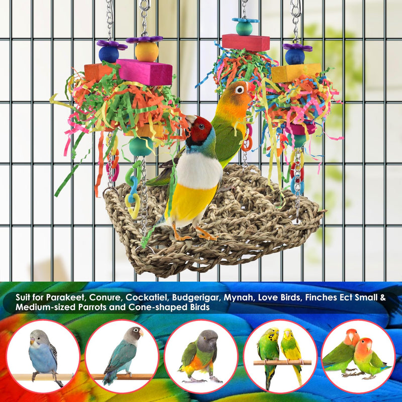 KATUMO Conure Toys, Bird Grass Swing Mat Parrot Climbing Hammock with Colorful Toys for Parakeet, Cockatiel, Sun Conure, Lovebird, Budgie, Small Birds 6.4 x 6.4 x 0.78 inch - PawsPlanet Australia