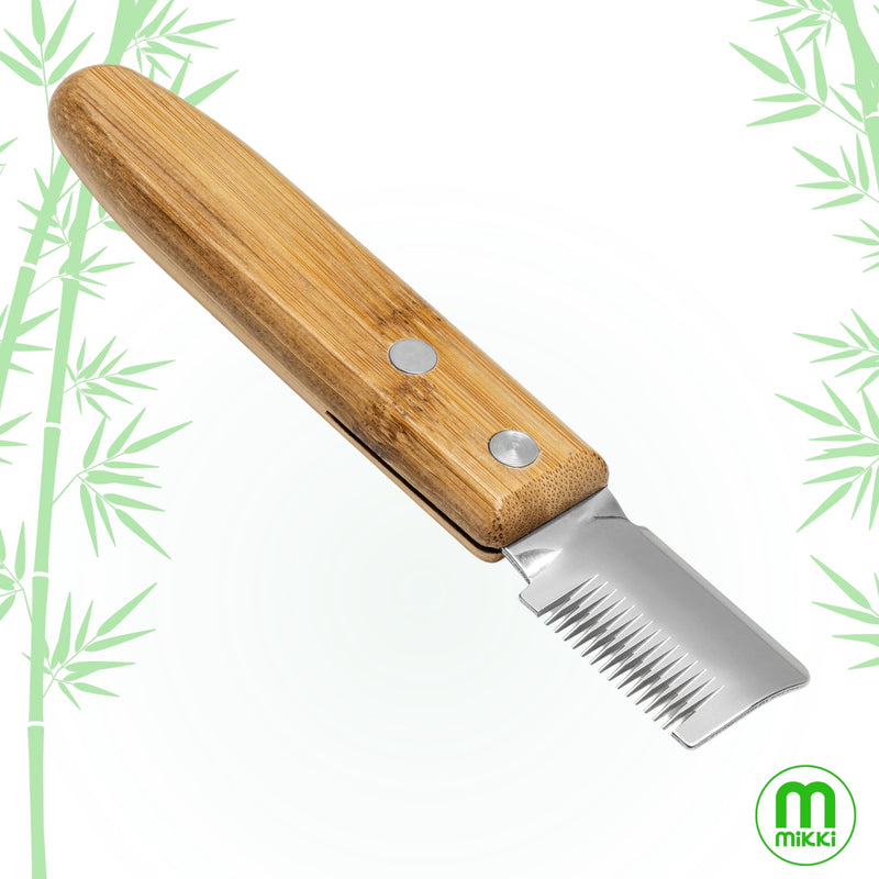 Mikki Bamboo Stripping Knife For Dog Grooming, For Stripping Overgrown Hair from Top Coat, Long Lasting Anti-Rust Blades, Easy Hold Contoured Handle, Coarse Tooth for Wire Coated Dogs