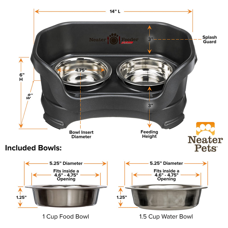 Neater Feeder Deluxe Mess Proof Cat Bowls Elevated for All Breeds – Made in USA – No Spill Raised Bowls for Indoor Cats – Stainless Steel Food and Water Bowl Set, Pet Dish Feeding Station, Black Cat with Standard Bowl Midnight Black