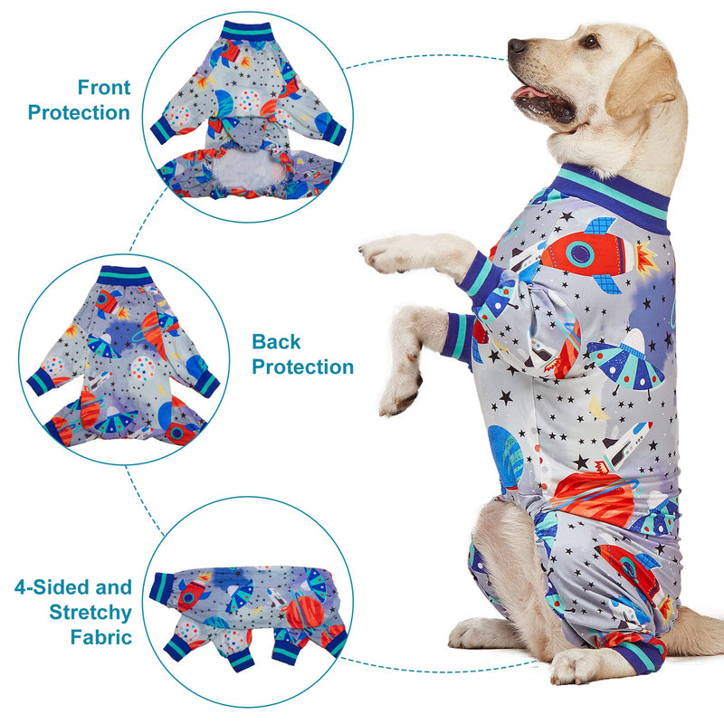LovinPet Dog Pjs, Wound Care, Surgery Recovery Clothes, Large Pitbull Pajamas, Lightweight Stretchy Jersey Knit, Galaxy World Gray Print, Big Dog Jammies,UV Protection, Pitbull Pajamas, Pet PJ's, 2XL XX-Large Multi-colored - PawsPlanet Australia