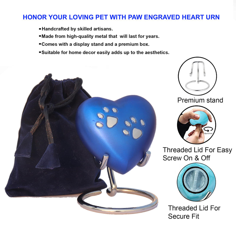 THE ASCENT MEMORIAL PET Memorial Heart URNS for Ashes for Cats and Dogs | PAW Engraved Heart URN | Display Stand | Velvet Carry Bag | Paper Funnel | Magnet Closure Gift Box Blue - PawsPlanet Australia