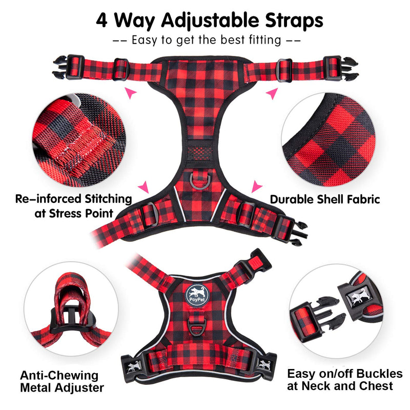 PoyPet No Pull Dog Harness, [Release at Neck] Reflective Adjustable No Choke Pet Vest with Front & Back 2 Leash Attachments, Soft Control Training Handle, Plaid(Checkered Red, S) Checkered Red - PawsPlanet Australia