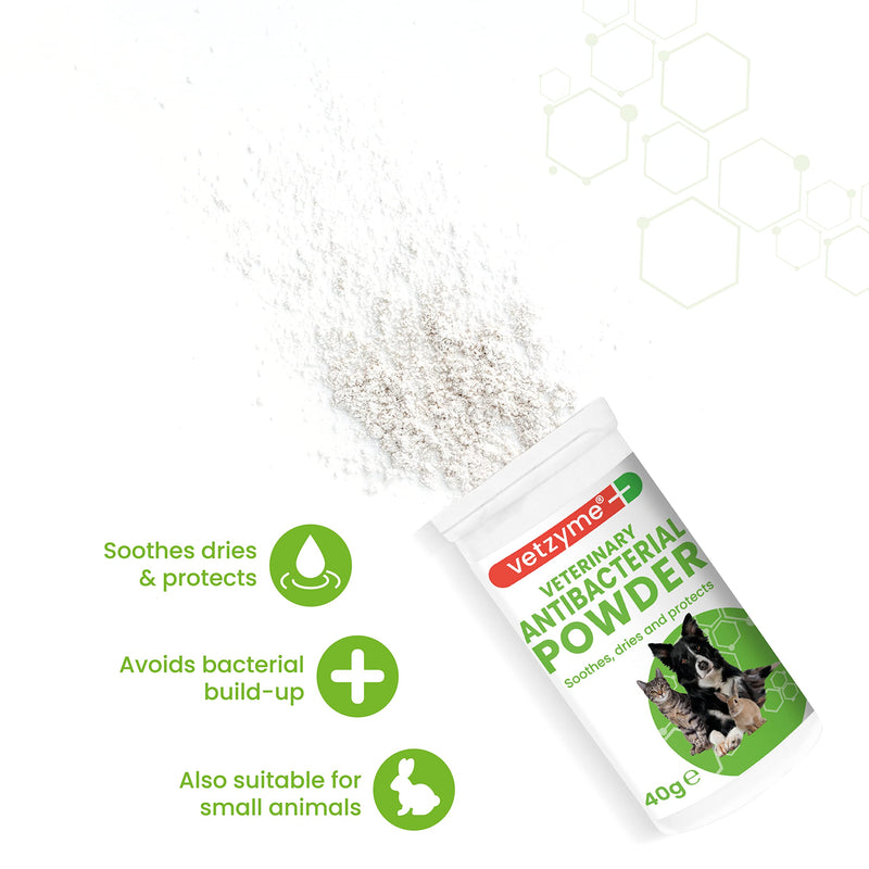 Vetzyme Veterinary Antibacterial Powder for Dogs, Cats and Small Pets - Gently Soothes, Dries and Protects the Skin From Harmful Bacteria (40g) - PawsPlanet Australia