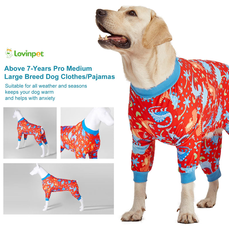 LovinPet Pitbull Dog Pajamas, Large Dog Onesies for Surgery/Wound Care, Lightweight Stretchy Knit Fabric, Dinosaur Jungle Red Print Dog Pj's UV Protection, Pet Anxiety Relief, Dog Costume/XL X-Large Red/Blue Update