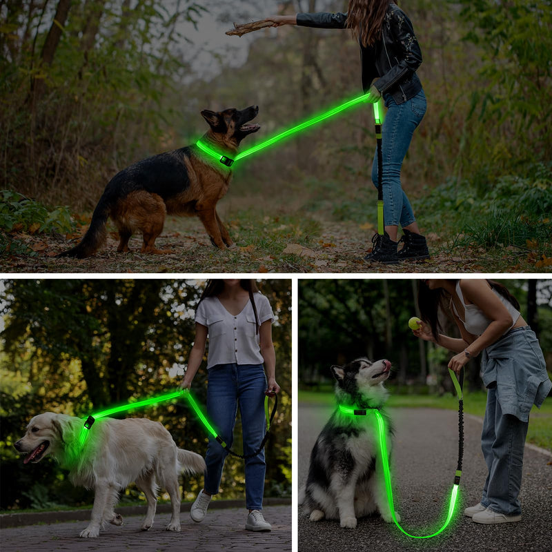 Light up Dog Collar & Lesh Set - Flashing Dog Leash Set Glow in The Dark Dog Collars for Medium Dogs with Elastic Cord 5.4-6.6FT L Vitality Green - PawsPlanet Australia