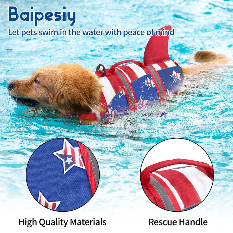 Dog Life Jacket, American Flag Ripstop Shark Dog Life Vest for Swimming & Boating, High Buoyancy Reflective Pet Vest with Rescue Handle, for X-Small/Medium/Large/X-Large Dogs (USA Flag, XS) - PawsPlanet Australia