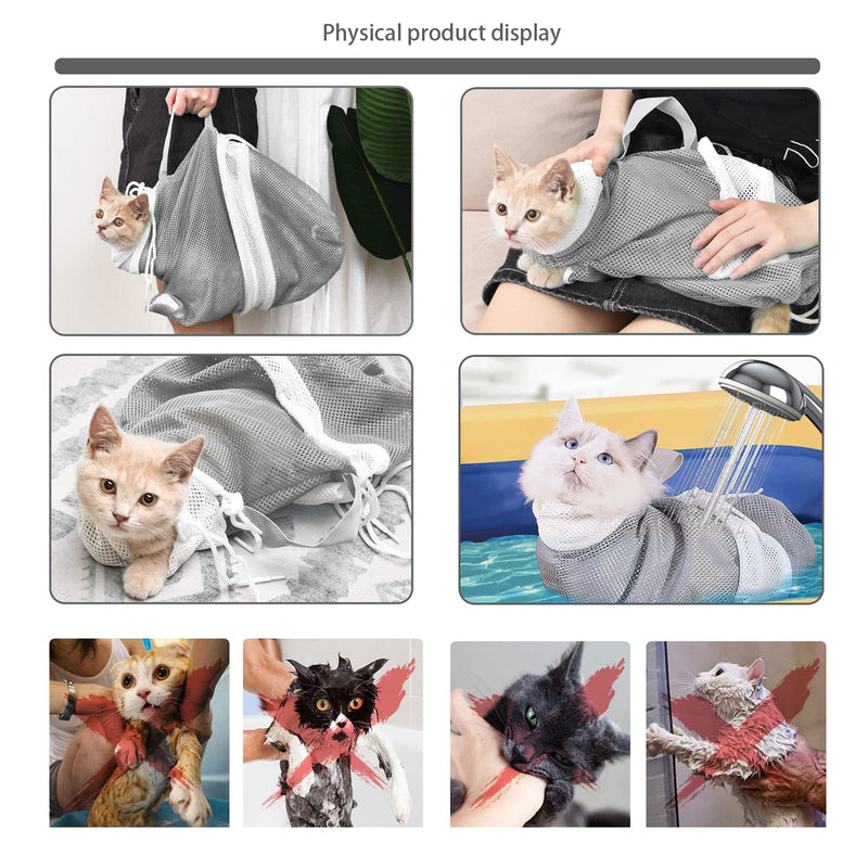 Adjustable Multifunctional Anti-Bite Shower net Bag，Cat Grooming Mesh Bag, Cat Bathing Bag，Cat Bath Brush and Cat Nail Clipper (A-Grey) A-Grey - PawsPlanet Australia
