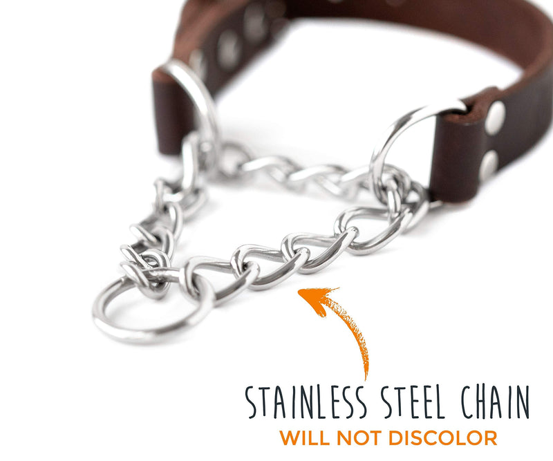 Mighty Paw Martingale Dog Collar - No Pull Design - Dog Collar for Pulling - Stainless Steel Training Collar - Limited Chain Cinch Training - Leather Collars for Dogs - Brown Dog Collar - Medium - PawsPlanet Australia