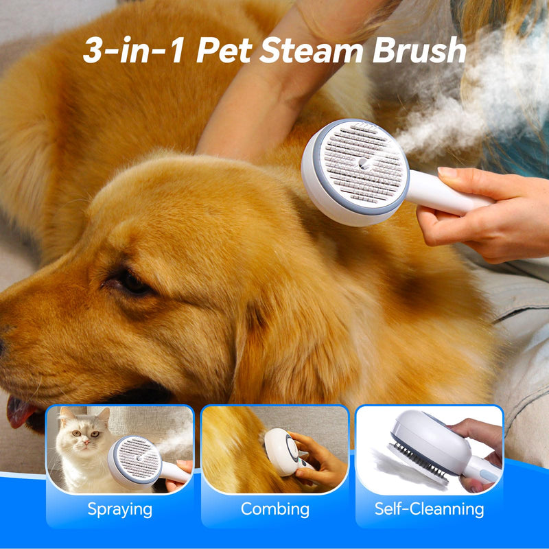 3-in-1 Pet Steam Brush for Dogs and Cats, Shedding & Grooming Comb for Long and Short Hair, Hair Removal with Spray and One-Click Release - PawsPlanet Australia