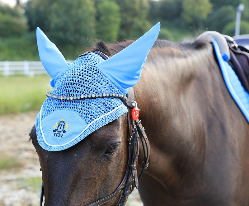 T TEKE Gorgeous Horse Ear Bonnet, 68% Viscose + 32% Acrylic Hand Crocheted mesh with Stylish Piping, Spandex Ears Horse (12-15.3HH) Blue - PawsPlanet Australia