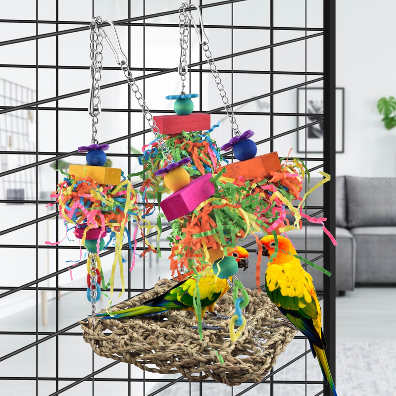 KATUMO Conure Toys, Bird Grass Swing Mat Parrot Climbing Hammock with Colorful Toys for Parakeet, Cockatiel, Sun Conure, Lovebird, Budgie, Small Birds 6.4 x 6.4 x 0.78 inch - PawsPlanet Australia