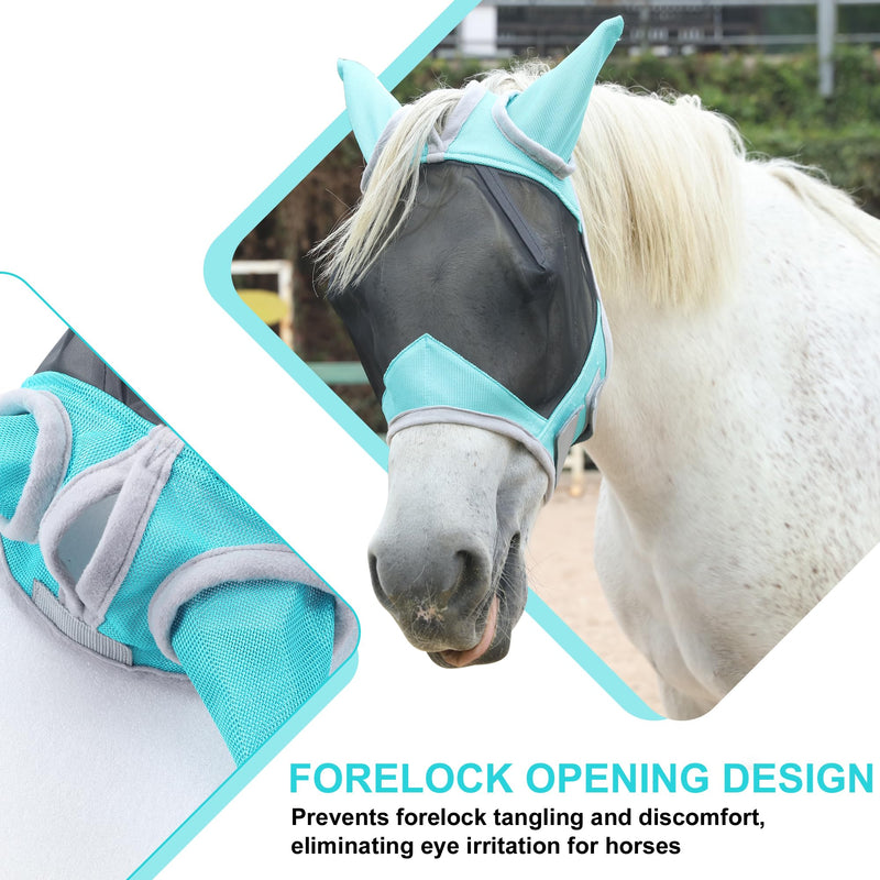 Horse Fly Mask with Ears, Equine Mesh Mask with UV Protection Face Cover, Turquoise, Full Full (Large)