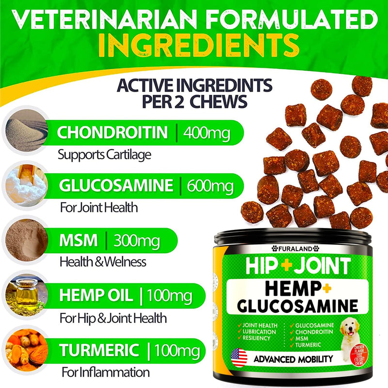 Hemp Hip and Joint Supplement for Dogs - Glucosamine for Dogs - 170 Dog Joint Pain Relief Treats - Chondroitin, Hemp Oil, MSM - Mobility & Flexibility Support - Advanced Joint Health - Made in USA 12 Ounce (Pack of 1) Hip & Joint Hem[ Chews