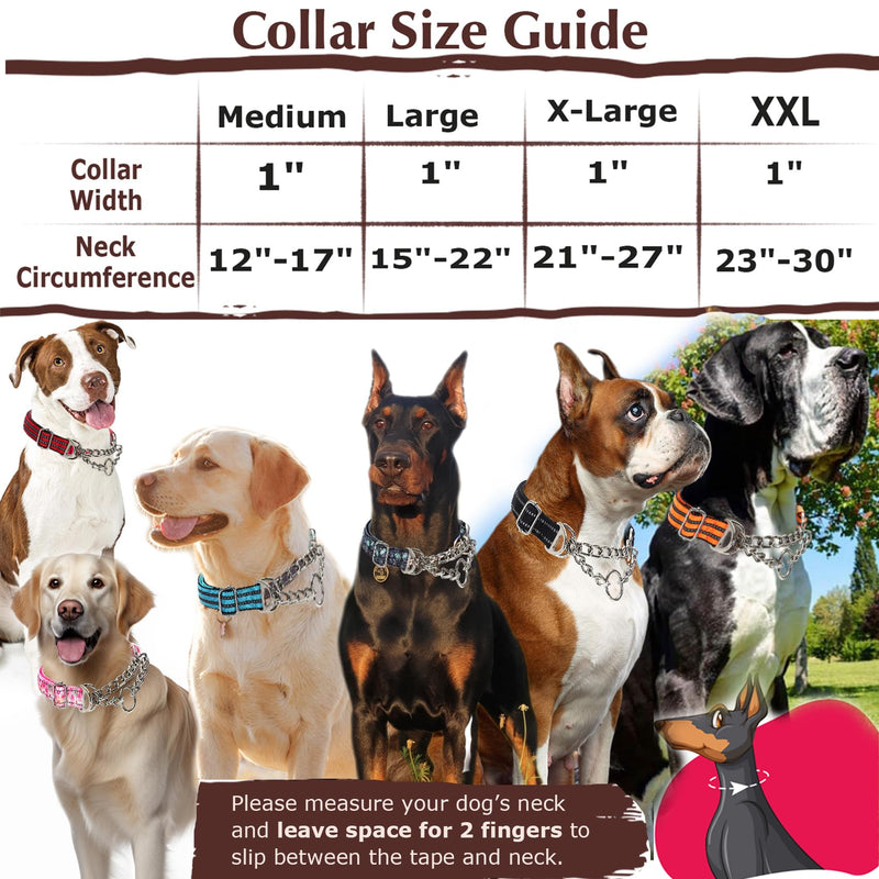 Reflective Martingale Collar for Dogs with Steel Chain, Adjustable No Pull Dog Training with Soft Padded for Large Breed Dogs, Medium, XL, XXL Walking Collar (Blue L) B L(Neck15"-22")
