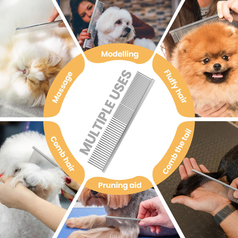 7.5 Inch Professional Stainless Steel Pet Grooming Comb for Dogs & Cats, Wide & Dense Teeth for Removing Tangles, Knots,Undercoat,Flea,Excess Hair, Rounded Corners Design for Safe,Metal Dematting Tool Silver Fine/Coarse - PawsPlanet Australia