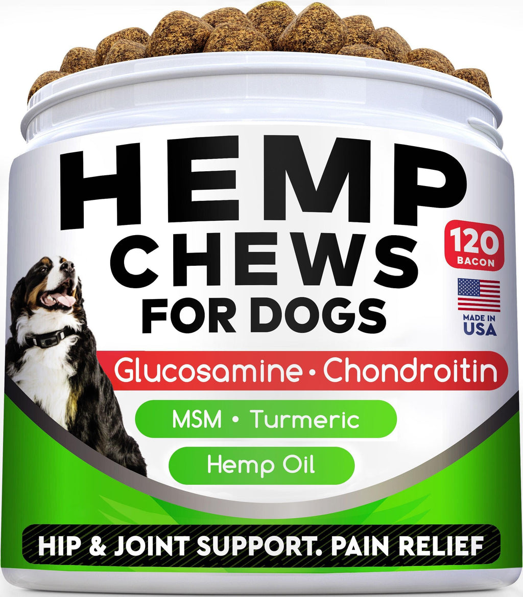 Hemp Chews for Dogs - Glucosamine Chondroitin for Dogs Joint Pain Relief with Hemp Oil, Hip & Joint Supplement Dogs, MSM Turmeric for Dogs Mobility, Dog Joint Supplement, Hemp Dog Treats Joints Health 120 Ct ( Bacon ) (Hip & Joint) Hemp Chews