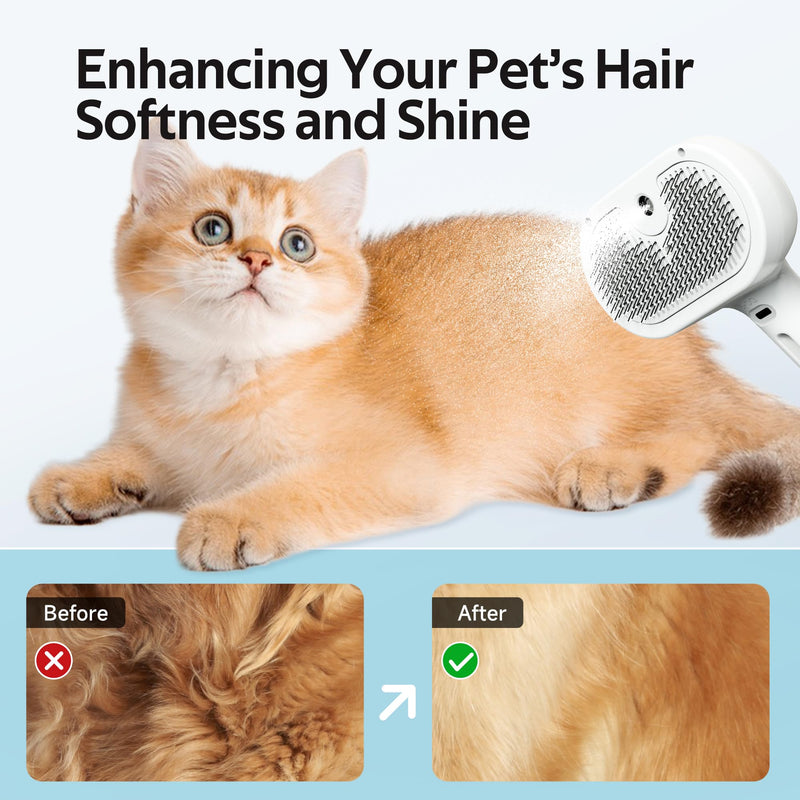 Pet Grooming Brush with Electronic Mist Spray - Gentle Deshedding Tool for Cats & Dogs, Reduces Shedding, Easy to Use, Soft Bristles, Promotes Healthy Coat-Comes with a hair smoothing comb-White White - PawsPlanet Australia