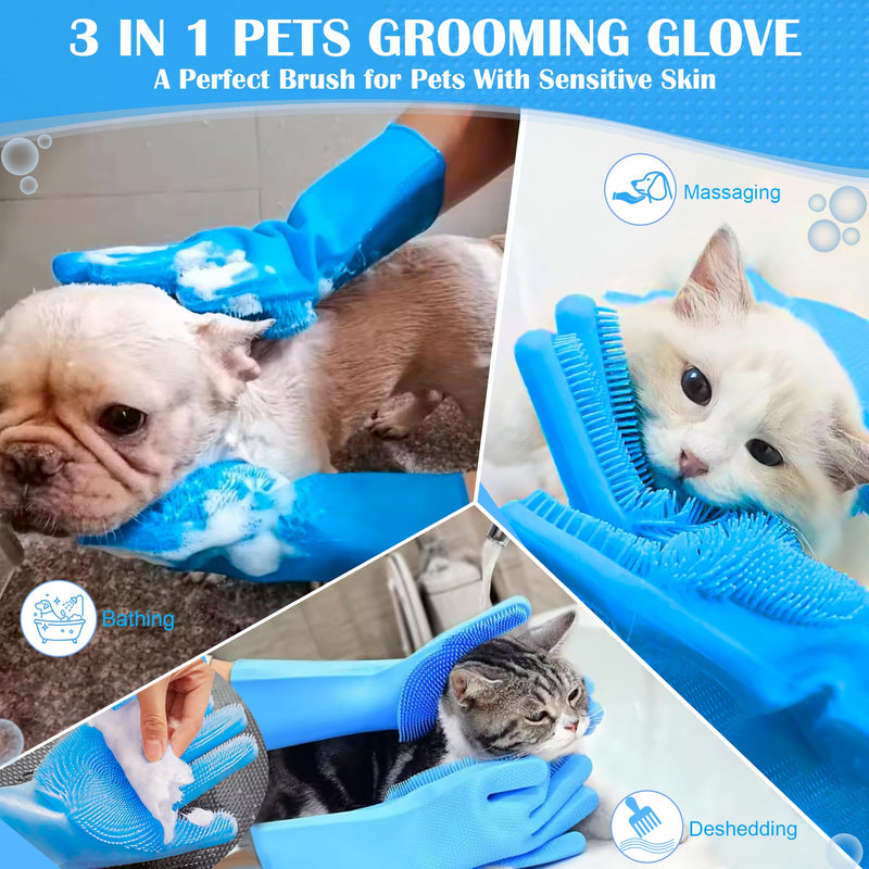 Pet grooming gloves,Dog washing gloves with High-Density Teeth with Five Finger Design to bathing and Massage for Dog Blue - PawsPlanet Australia