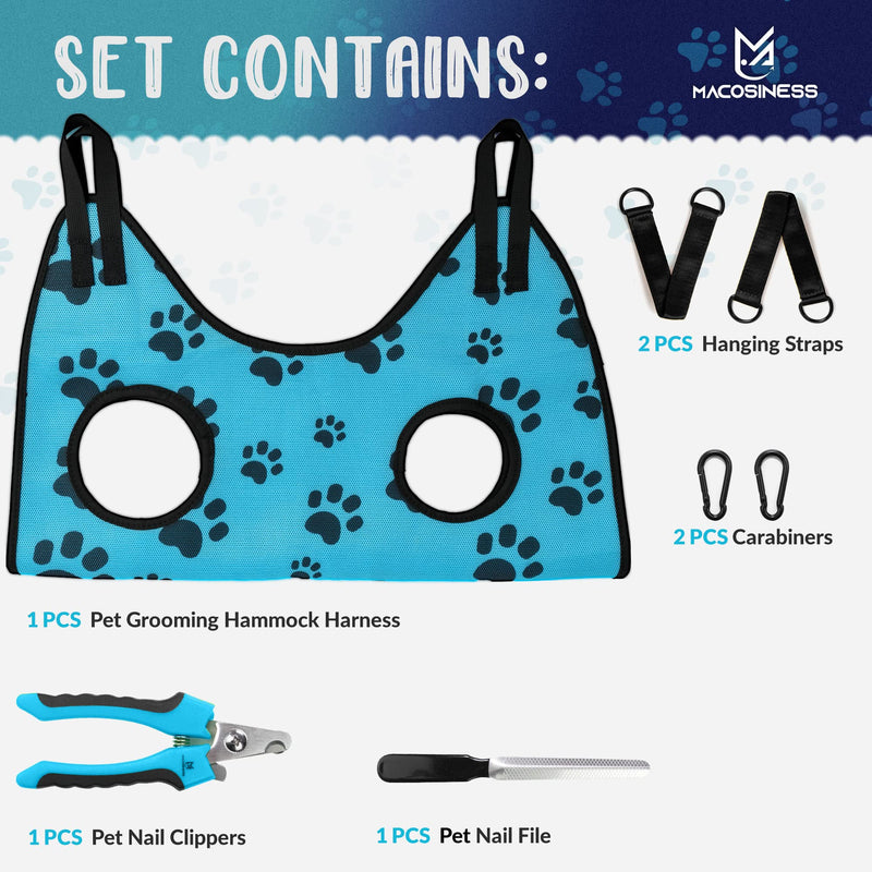 Dog Grooming Hammock - Dog Grooming Hammock Harness for Cats Dogs - Pet Grooming Hammock - Dog Nail Clipper - Dog Hammock - Dog Nail Trimmers - Dog Sling - Dog Sedation for Nail Trimming - Dog Nail S BASIC SET - Aqua with black paws - PawsPlanet Australia