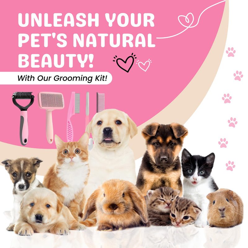 9Pcs Dog Grooming Kit - Self Cleaning Slicker Brush, Flea Comb, Nail Trimmer & Bath Brush - Pet Grooming Tools for Shedding, Trimming & Oral Care - For Dogs & Cats - Pink