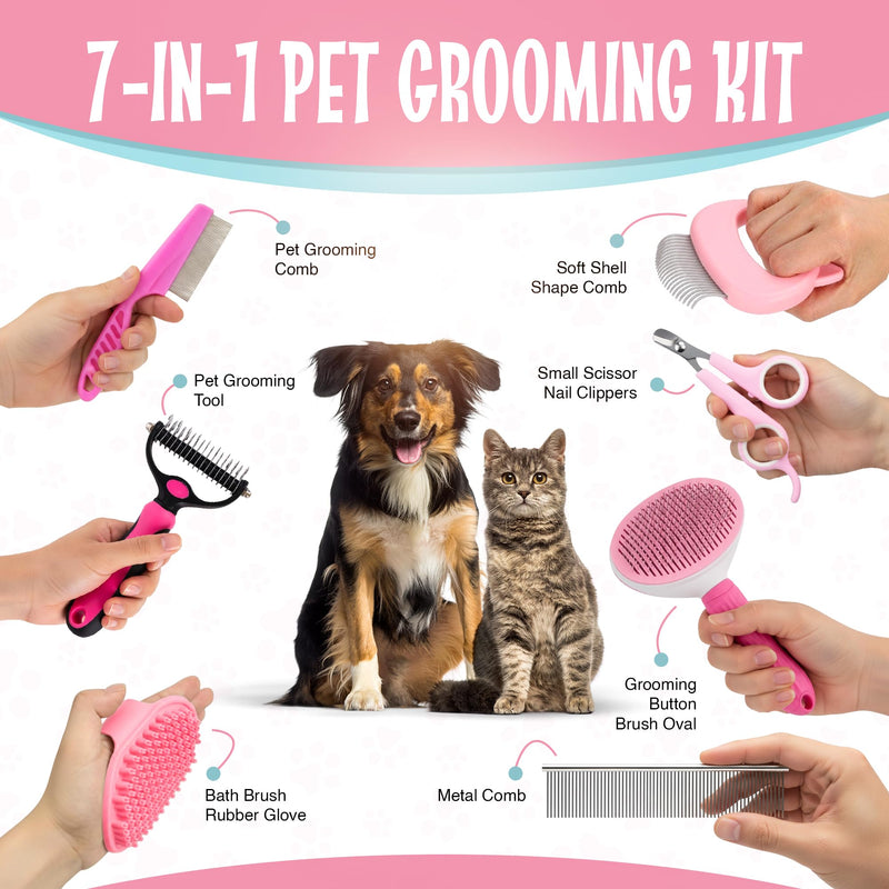 7-in-1 Pet Grooming Kit for Dogs & Cats Deshedding Brush, Bath Brush, Flea Comb, Nail Clipper & Massage Glove Complete Grooming Set for Small & Large Pets - PawsPlanet Australia