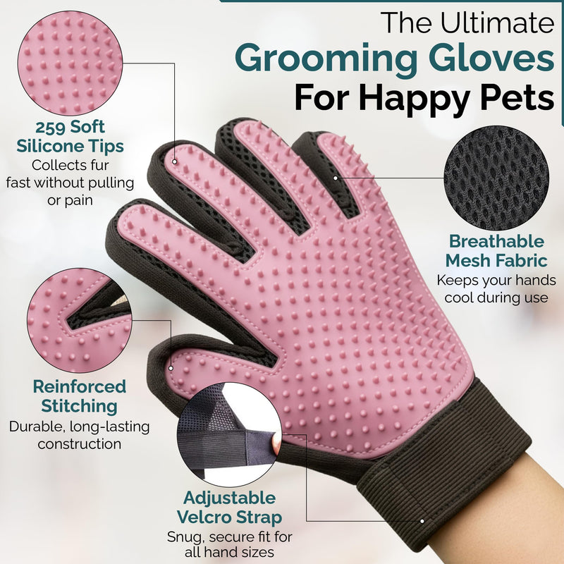 Pet Grooming Gloves for Dogs & Cats – Premium 259-Tip Deshedding & Massage Mitts, Easy-Peel Hair Removal, Adjustable Strap, 1 Pair (Blue/Pink) (Pink) Pink - PawsPlanet Australia