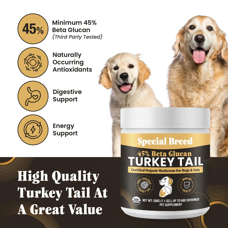 Organic Turkey Tail Mushroom for Dogs and Cats, 45% Beta Glucan Standardized, Hot Water Extracted Whole Fruiting Body, Third Party Tested, Immune and Gut Support, No Fillers, Made in USA, 660 ct 7.1oz