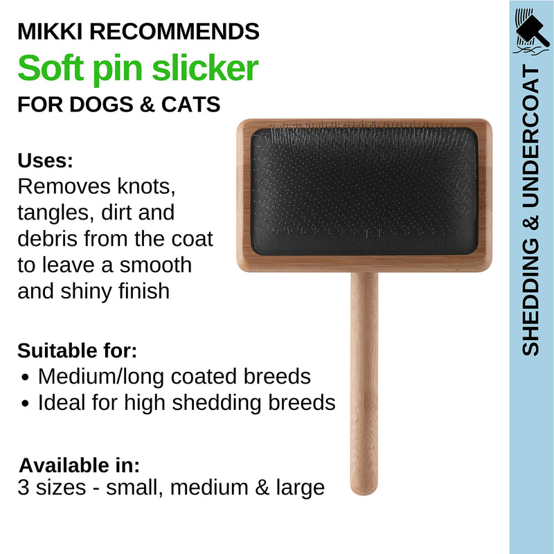 Mikki Bamboo Soft Pin Slicker Brush for Dog, Cat, Puppy, for Medium, Long and Curly Coats, Removes Knots, Tangles, Dead Hair, Handmade from Natural Bamboo, Large L