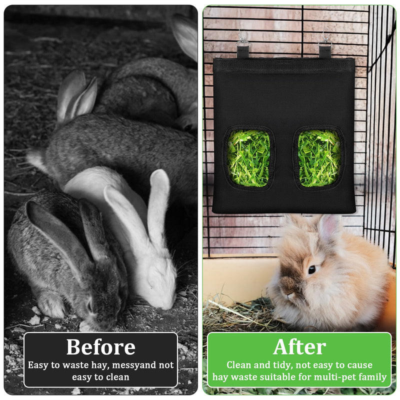 Rabbit Hay Feeder Bag, Guinea Pigs Hanging Hay Rack Manger Holder Dispenser Small Animal Feeder Storage Pouch for Bunny Chinchilla Hamster (Black, 2 Windows) - PawsPlanet Australia