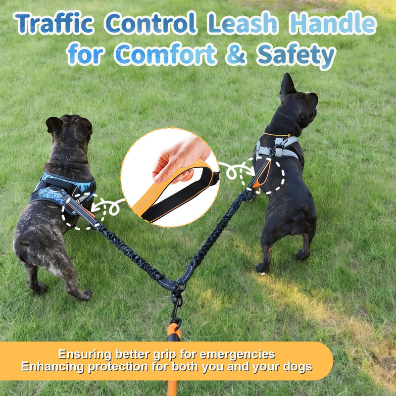 Double Dogs Leash - Removable Main Lead Rope with Splitter, No Tangle 2 Dog Coupler, Reflective No Pull Bungee, 3 Handle, D-Ring, Extra Long for Walk Train Medium Large Two Pet (Orange) Orange