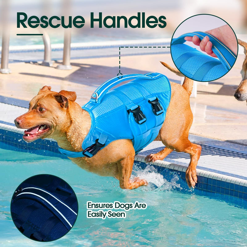 Kuoser Dog Life Jacket, High Flotation Dog Life Vest for Swimming Boating, Reflective Dog Swimming Vest Pet Life Preserver with Rescue Handle XX-Large (Chest Girth:30.7-38.5'') Blue - PawsPlanet Australia