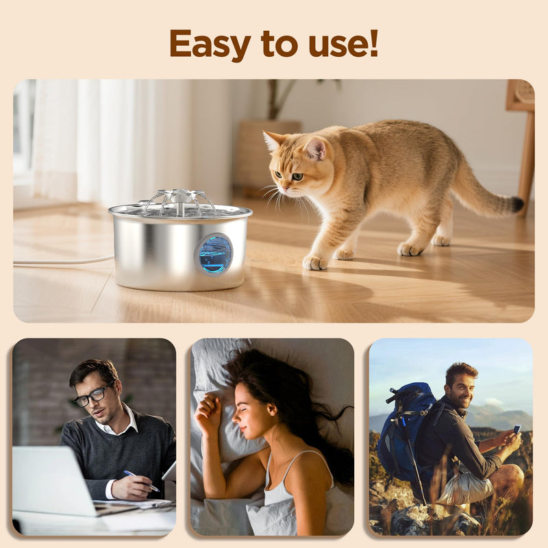 Stainless Steel Cat Water Fountain: 88oz/2.6L Ultra Quiet Pet Fountain with Flower Kitty Spout & LED Blue Light Water Dispenser with Water Level Window for Cats/Dogs Indoor (Silver) - IHOUONE cat Fountain + 1 Filters & 1 Sponges - PawsPlanet Australia
