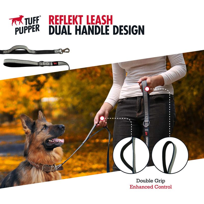 Tuff Pupper Extreme Reflective Dog Leash | Heavy Duty Double Handle Dog Leash to Hold Strong Dogs | Reflecting for Safe Night Walks | 6 Foot Dog Leash w/Lockable Clip for Security | Medium & Large Dog 6 feet long Epic Black - PawsPlanet Australia