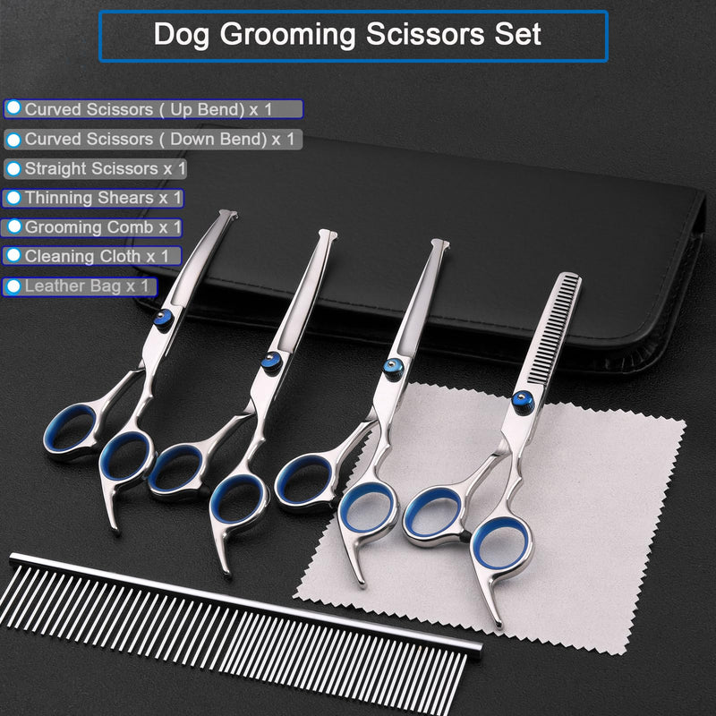 Dog Grooming Scissors Kit Professional Dog Scissors for grooming with Safety Round Tip 6 in 1 4CR Coated Stainless Steel Heavy Duty Thinning Curved Pet Shears Set for Dogs Cats Other Animals at home 6 in 1 Dog Grooming Scissors Set - PawsPlanet Australia