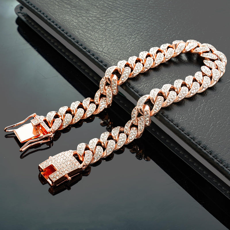 Dog Chain Cuban Diamond Link Rose Gold Pink Crystal Collar Jewelry Accessories Pet Necklace with Walking Metal Collar Design Secure Buckle for Dogs and Cats (10 Inches) 10 Inches - PawsPlanet Australia