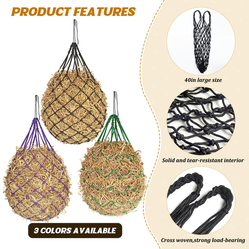 3PCS Hay Net for Horses,40" Slow Feed Hay Nets for Horses Goat Sheep,Strong Load-Bearing Hay Bags Hanging for Horse Stable Trailer 2.36"x2.36" Holes (Green) Green - PawsPlanet Australia