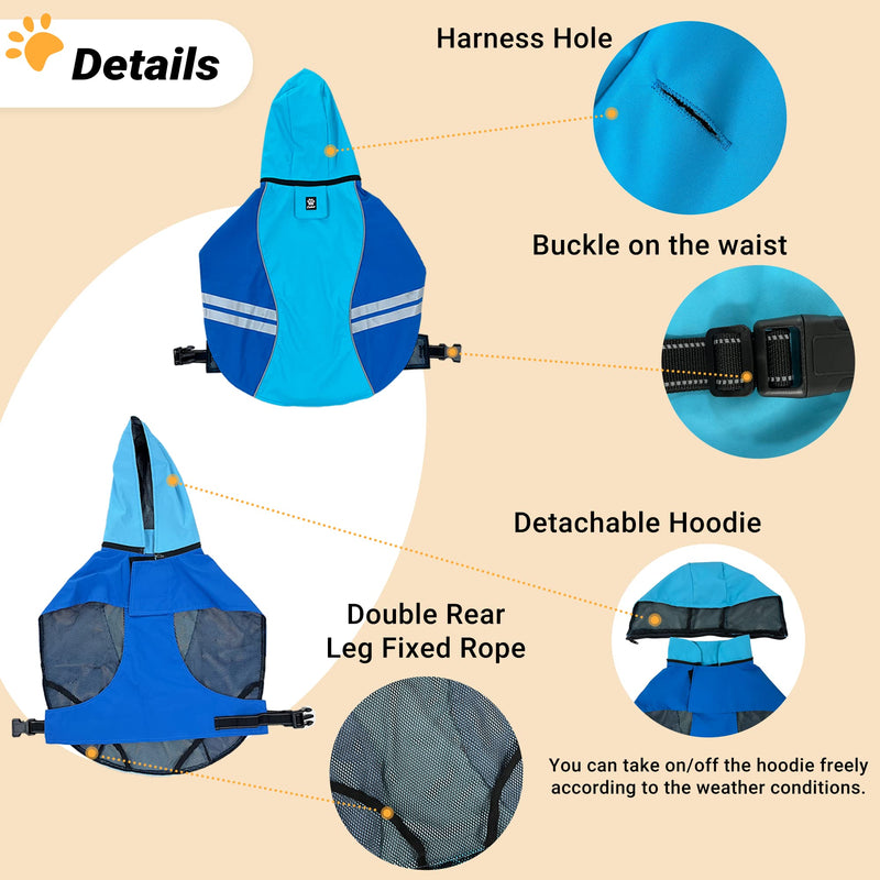 Waterproof Dog Raincoats with Hood for Medium Large Dogs, Poncho with Reflective Strap, Lightweight Jacket with Leash Hole. Blue - PawsPlanet Australia
